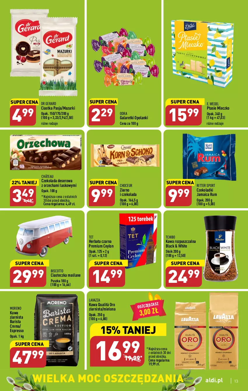 Gazetka promocyjna Aldi - Pełen katalog - ważna 03.04 do 08.04.2023 - strona 13 - produkty: Ciastka, Czekolada, Deser, Dr Gerard, E. Wedel, Gala, Galaretki, Herbata, Herbata czarna, Kawa, Kawa rozpuszczalna, Kawa ziarnista, Lack, Lanki, Lavazza, Mleczko, Por, Ptasie mleczko, Ritter Sport, Rum, Ser, Sport, Tchibo