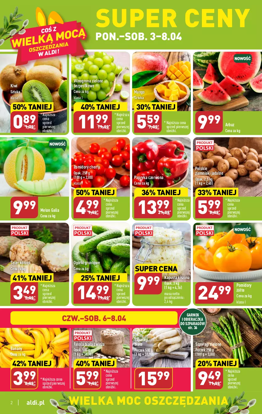 Gazetka promocyjna Aldi - Pełen katalog - ważna 03.04 do 08.04.2023 - strona 2 - produkty: Arbuz, Banany, Fa, Fasola, Garnek, Grunt, Kiwi, Mango, Melon, Obieraczka, Papryka, Papryka czerwona, Pomidory, Seler korzeń, Wino, Winogrona, Ziemniaki