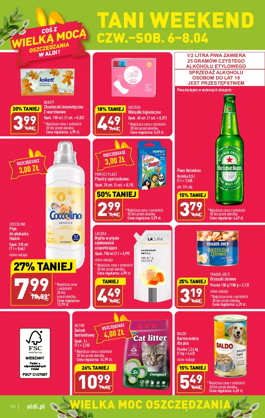 Gazetka promocyjna Aldi - Pełen katalog - ważna 03.04 do 08.04.2023 - strona 20 - produkty: Chusteczki, Chusteczki kosmetyczne, Coccolino, Gra, Heineken, Mydło, Mydło w płynie, Orzeszki, Orzeszki ziemne, Piwa, Piwo, Plastry opatrunkowe, Płyn do płukania, Wkładki