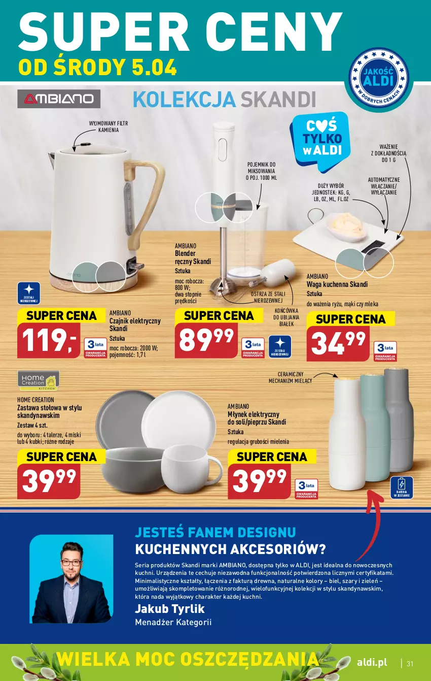 Gazetka promocyjna Aldi - Pełen katalog - ważna 03.04 do 08.04.2023 - strona 31 - produkty: Bateria, Blender, Blender ręczny, Czajnik, Czajnik elektryczny, Fa, Młynek, Pieprz, Pojemnik, Ryż, Ser, Stek, Talerz, Top, Waga