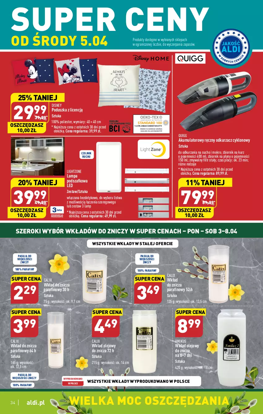 Gazetka promocyjna Aldi - Pełen katalog - ważna 03.04 do 08.04.2023 - strona 34 - produkty: Akumulator, Disney, Gra, Lampa, Listwa, Odkurzacz, Olej, Poduszka, Sok, Wkład olejowy, Znicz