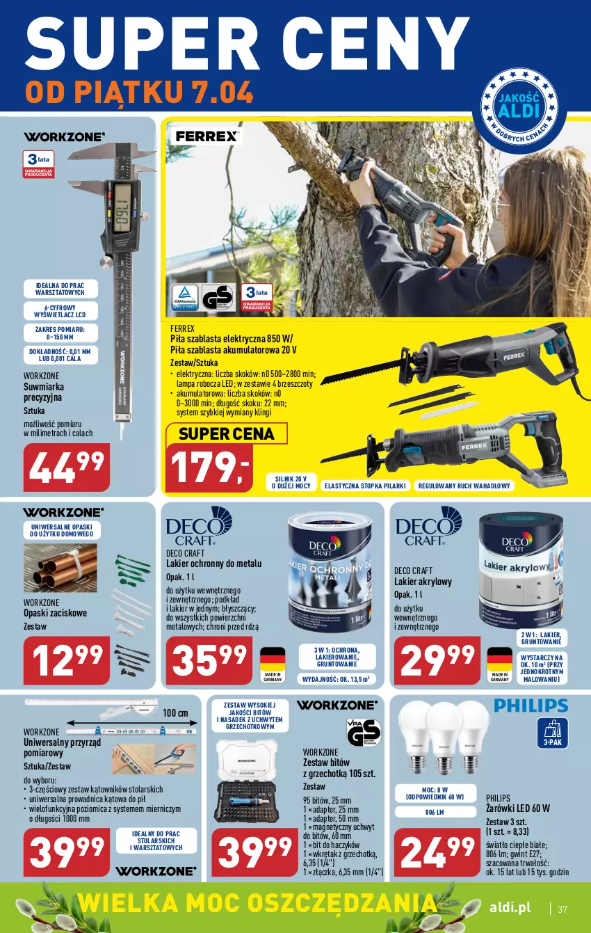 Gazetka promocyjna Aldi - Pełen katalog - ważna 03.04 do 08.04.2023 - strona 37 - produkty: Akumulator, Bitów z grzechotką, Grunt, Haczyk, Lakier, Lampa, Lampa robocza LED, Miarka, Philips, Podkład, Poziomica, Sok, Top, Wkręt