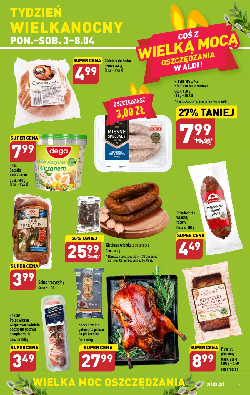 Gazetka promocyjna Aldi - Pełen katalog - ważna 03.04 do 08.04.2023 - strona 7 - produkty: Chleb, Chrzan, Dega, Gala, Kaczka, Kiełbasa, Kiełbasa biała, Kiełbasa wiejska, Krakus, Mięsne specjały, Pasztet, Piec, Piekarnik, Polędwiczka wieprzowa, Robot, Sałat, Sałatka