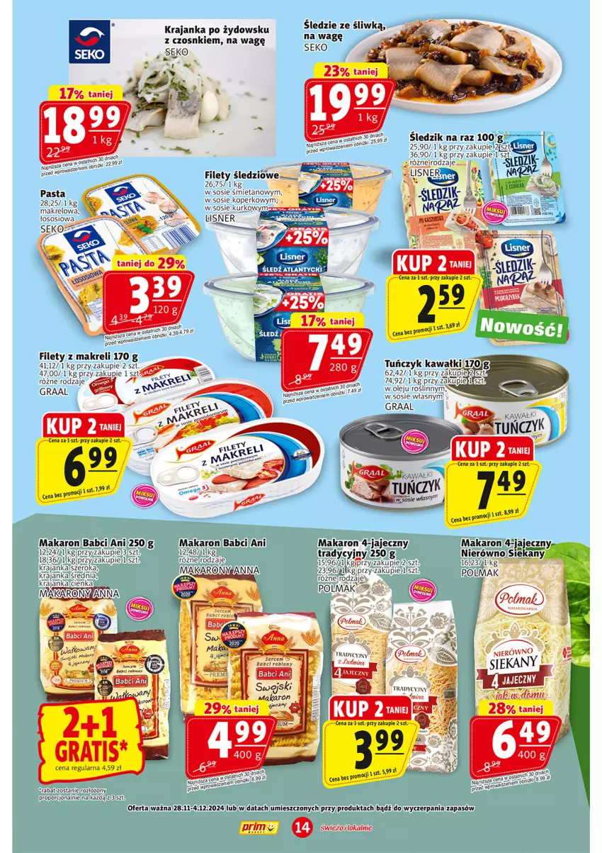 Gazetka promocyjna Prim Market - ważna 28.11 do 04.12.2024 - strona 14 - produkty: Gra, Graal, Makaron, Olej, Por, SEKO, Sos