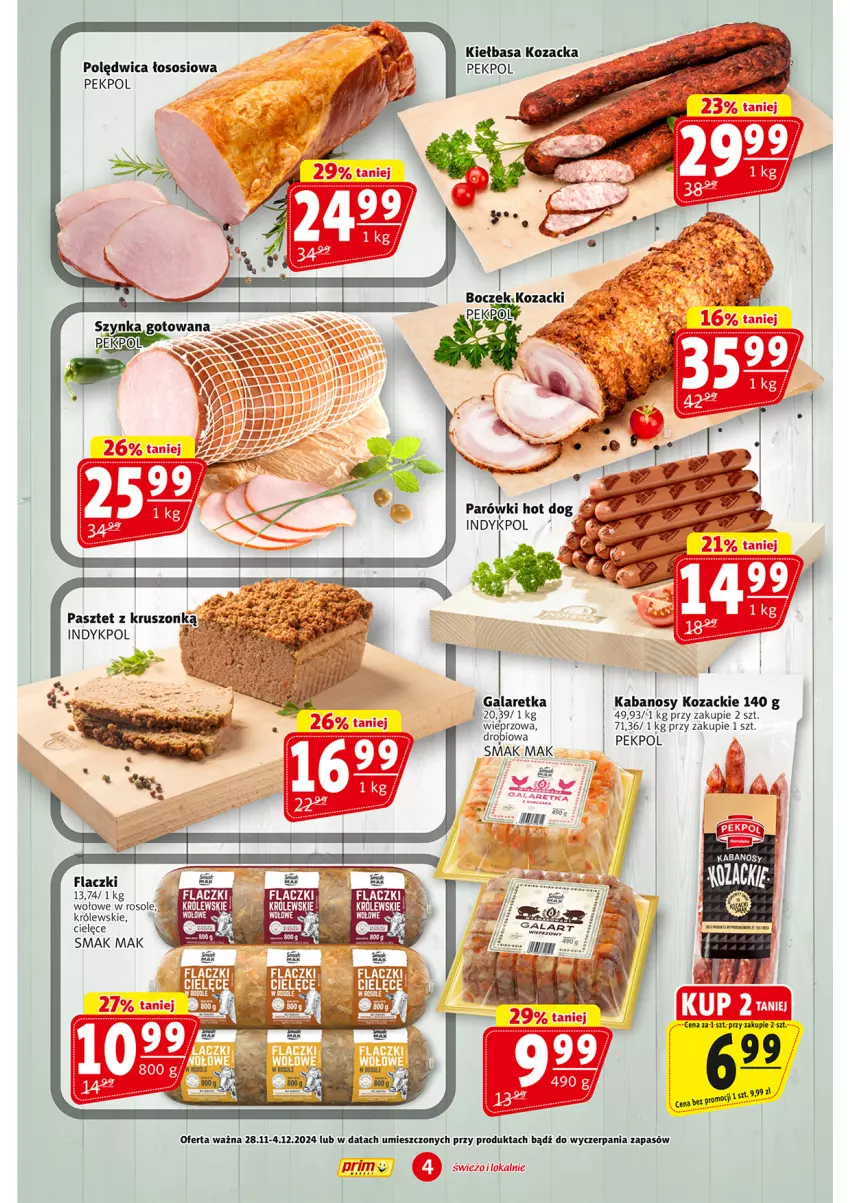 Gazetka promocyjna Prim Market - ważna 28.11 do 04.12.2024 - strona 4 - produkty: Boczek, Gala, Galaretka, Hot dog, Kabanos, Kiełbasa, Królewski, Parówki, Parówki hot dog, Pekpol, Polędwica, Por, Sos