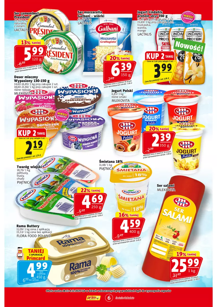 Gazetka promocyjna Prim Market - ważna 28.11 do 04.12.2024 - strona 6 - produkty: Camembert, Deser, Deser mleczny, Flora, Galbani, Jogurt, Mango, Mleko, Mlekovita, Mozzarella, Piątnica, Rama, Salami, Ser, Ser salami, Twaróg