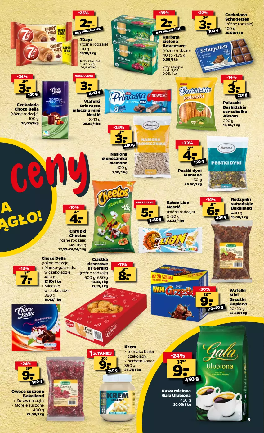 Gazetka promocyjna Netto - Oferta tygodnia - ważna 08.03 do 13.03.2021 - strona 9 - produkty: Aksam, Bakalland, Baton, Bell, Bella, Beskidzki, Cheetos, Chrupki, Ciastka, Czekolada, Deser, Dr Gerard, Gala, Galaretka, Goplana, Grześki, Herbata, Kawa, Kawa mielona, LANA, Lion, Mini Grześki, Mleczko, Nestlé, Owoce, Owoce suszone, Pestki dyni, Princessa, Rodzynki, Schogetten, Ser