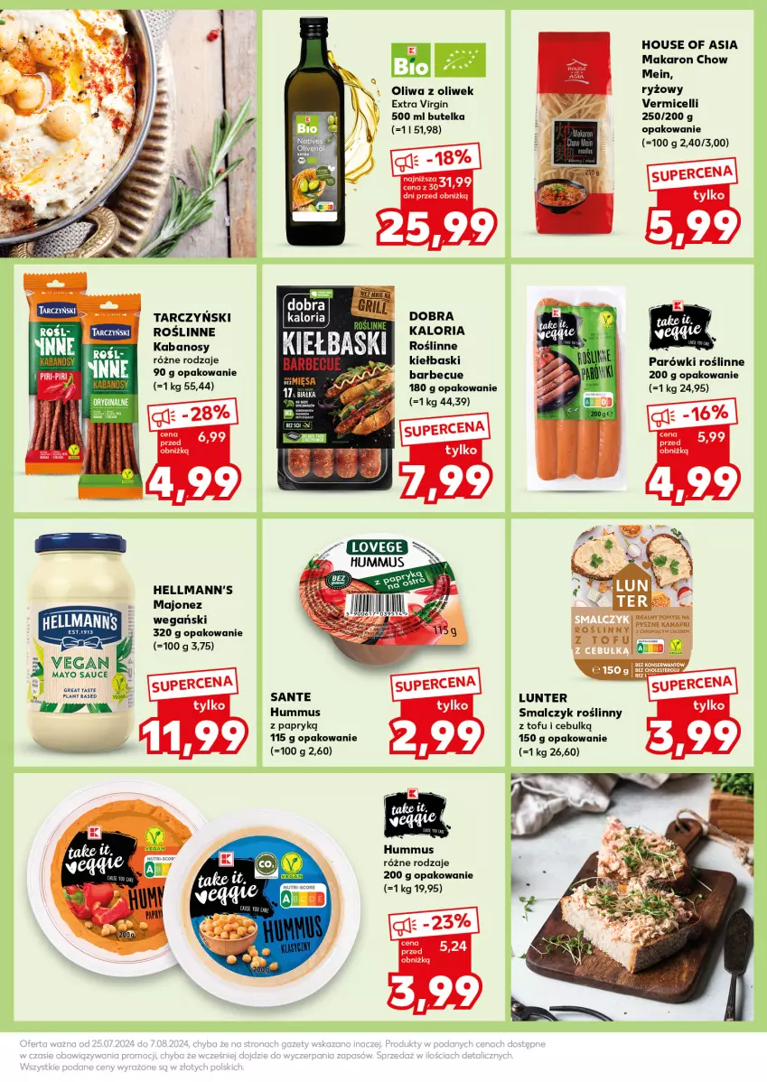 Gazetka promocyjna Kaufland - Kaufland - ważna 05.08 do 07.08.2024 - strona 29 - produkty: Gin, Grill, House of Asia, Hummus, Kabanos, Majonez, Makaron, Mus, Oliwa z oliwek, Parówki, Roślinne kabanosy, Roślinne kiełbaski, Ryż, Sante, Tarczyński, Tofu