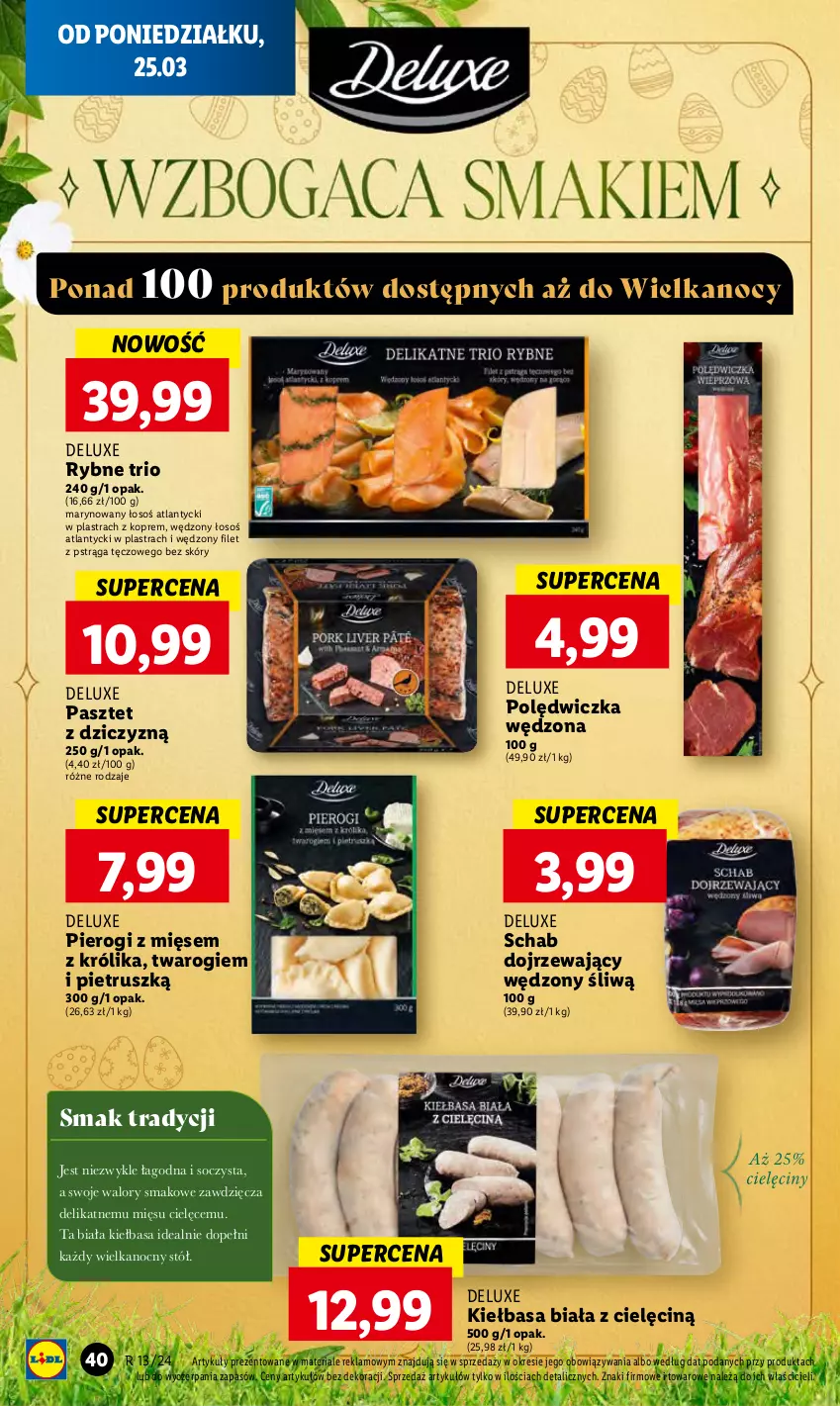 Gazetka promocyjna Lidl - GAZETKA - ważna 25.03 do 27.03.2024 - strona 44 - produkty: Filet z pstrąga, Kiełbasa, Kiełbasa biała, Królik, Pasztet, Pierogi, Pstrąg, Stół