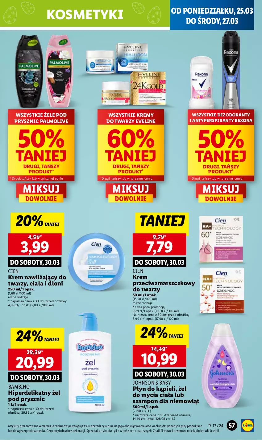 Gazetka promocyjna Lidl - GAZETKA - ważna 25.03 do 27.03.2024 - strona 65 - produkty: Antyperspirant, Dezodorant, Eveline, Krem nawilżający, Krem przeciwzmarszczkowy, Mars, Palmolive, Płyn do kąpieli, Rexona, Szampon