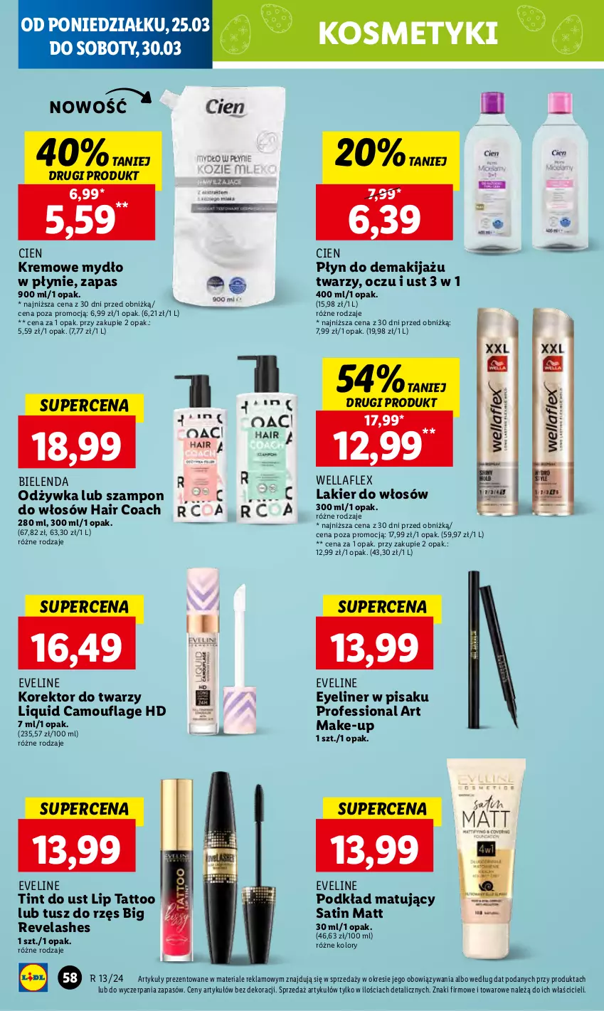 Gazetka promocyjna Lidl - GAZETKA - ważna 25.03 do 27.03.2024 - strona 66 - produkty: Bielenda, Eveline, Korektor do twarzy, Lakier, Lakier do włosów, Makijaż, Mydło, Mydło w płynie, Odżywka, Podkład, Podkład matujący, Sati, Szampon, Tusz, Wella, Wellaflex