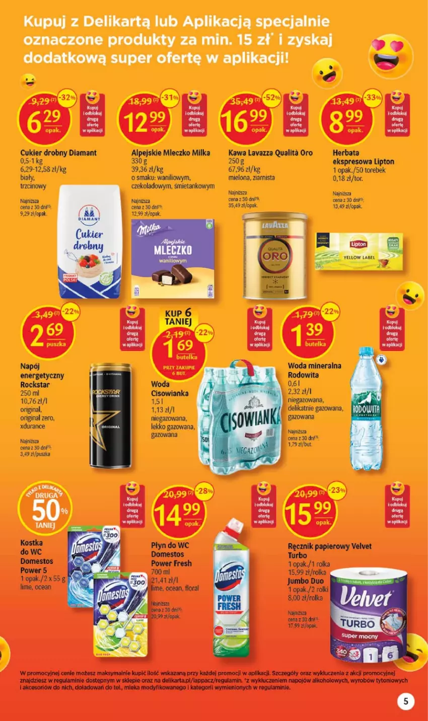 Gazetka promocyjna Delikatesy Centrum - Gazetka DC36 - ważna 14.09 do 20.09.2023 - strona 5 - produkty: Cisowianka, Cukier, Diamant, Domestos, Gin, Herbata, Kawa, Lavazza, Lipton, Milka, Mleczko, Napój, Papier, Ręcznik, Rolki, Sos, Velvet, Woda, Woda mineralna