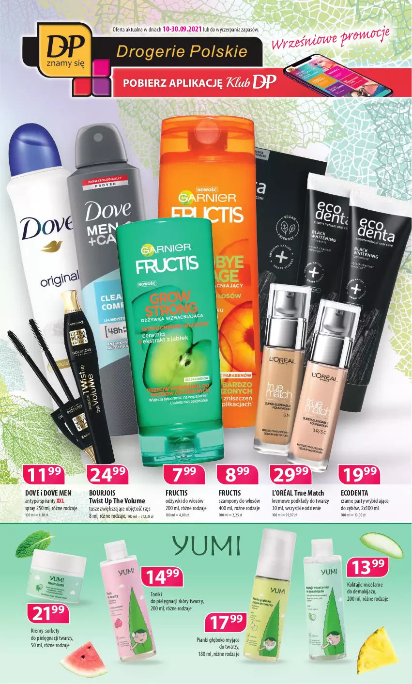 Gazetka promocyjna Drogerie Polskie - Gazetka - ważna 10.09 do 30.09.2021 - strona 1 - produkty: Antyperspirant, Bourjois, Dove, Ecodenta, Fructis, L’Oréal, Makijaż, Podkład, Szampon, Tonik, Tusz