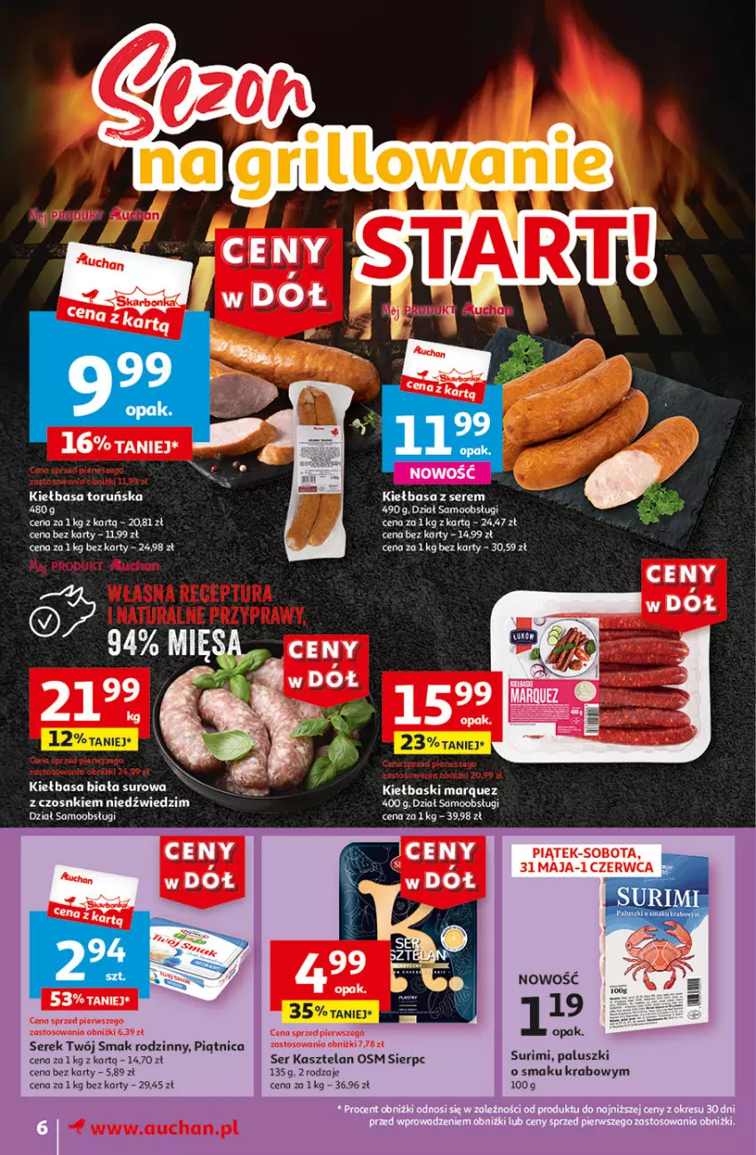 Gazetka promocyjna Auchan - Gazetka CENY W DÓŁ Moje Auchan - ważna 31.05 do 05.06.2024 - strona 6 - produkty: Fa, Kasztelan, Kiełbasa, Kiełbasa biała, Piątnica, Ser, Ser Kasztelan, Serek, Surimi, Twój Smak