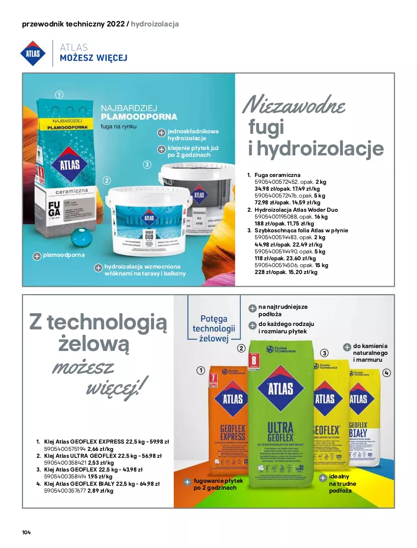 Gazetka promocyjna Castorama - Przewodnik techniczny 2022 - ważna 21.03 do 30.03.2022 - strona 104 - produkty: Ceresit, Geoflex, Grunt, Hydroizolacja, Klej, Mięta, Por, Przewodnik, Silikon sanitarny, Sok, Taśma uszczelniająca, Zaprawa klejowa