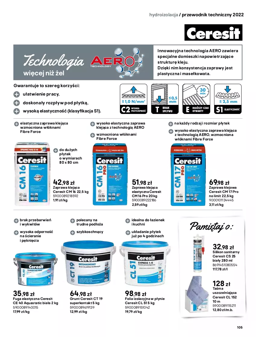 Gazetka promocyjna Castorama - Przewodnik techniczny 2022 - ważna 21.03 do 30.03.2022 - strona 105 - produkty: Ceresit, Geoflex, Grunt, Hydroizolacja, Klej, Mięta, Por, Przewodnik, Silikon sanitarny, Sok, Taśma uszczelniająca, Zaprawa klejowa