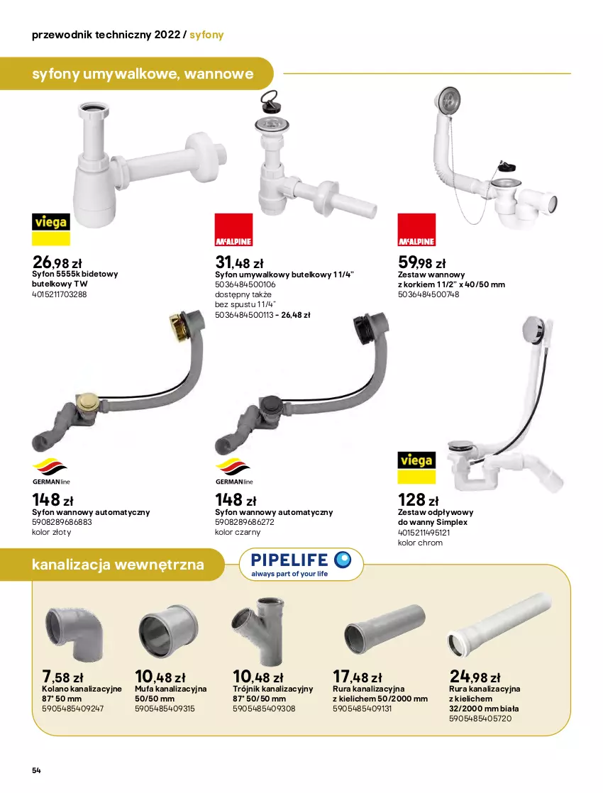Gazetka promocyjna Castorama - Przewodnik techniczny 2022 - ważna 21.03 do 30.03.2022 - strona 54 - produkty: Fa, Przewodnik, Rura, Syfon, Zestaw wannowy