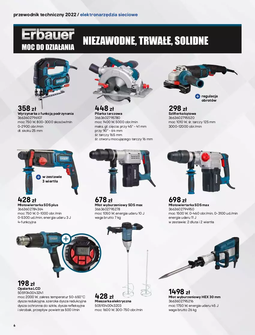 Gazetka promocyjna Castorama - Przewodnik techniczny 2022 - ważna 21.03 do 30.03.2022 - strona 6 - produkty: Frezarka, Młot, Młotowiertarka, Noż, Odkurzacz, Opalarka, Pilarka stołowa, Pilarka tarczowa, Przewodnik, Ser, Szlifierka, Szlifierka kątowa, Tarka, Waga, Wiertarka, Wyrzynarka