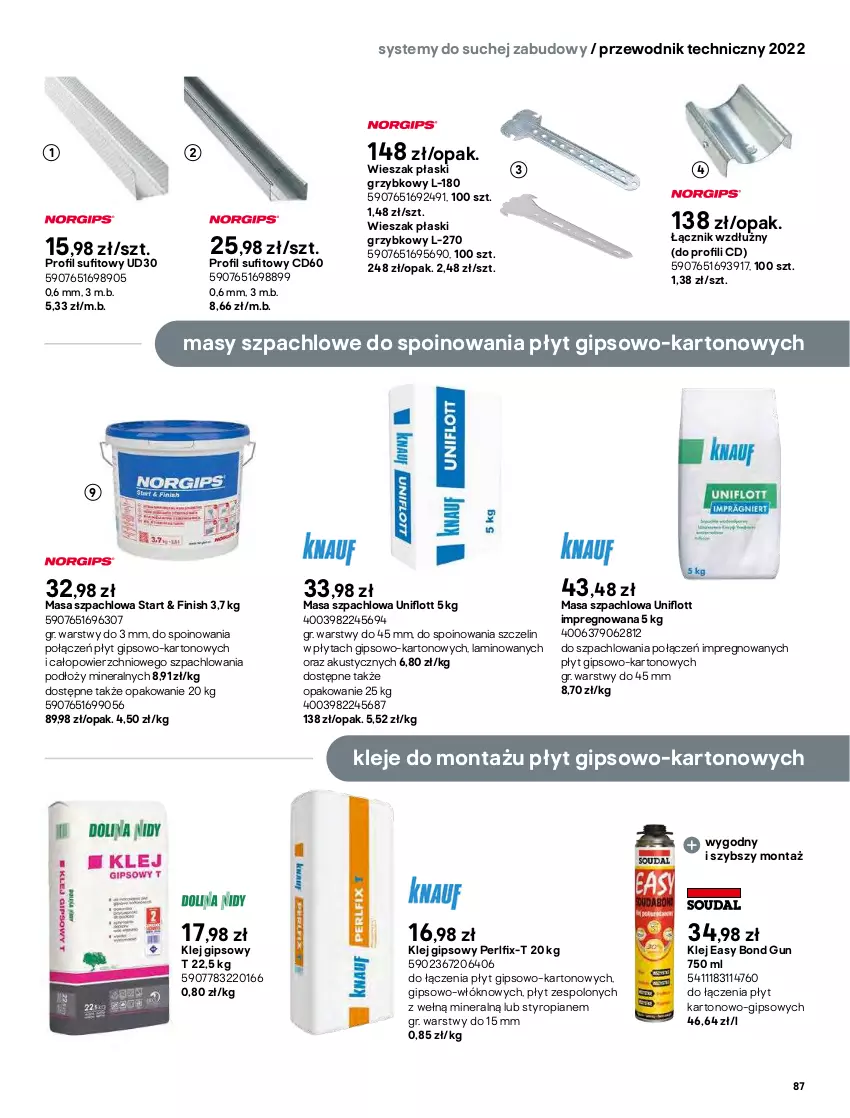 Gazetka promocyjna Castorama - Przewodnik techniczny 2022 - ważna 21.03 do 30.03.2022 - strona 87 - produkty: Finish, Klej, Klej gipsowy, Masa szpachlowa, Mięta, Płyta, Płyta gipsowa, Przewodnik, Sok, Wieszak