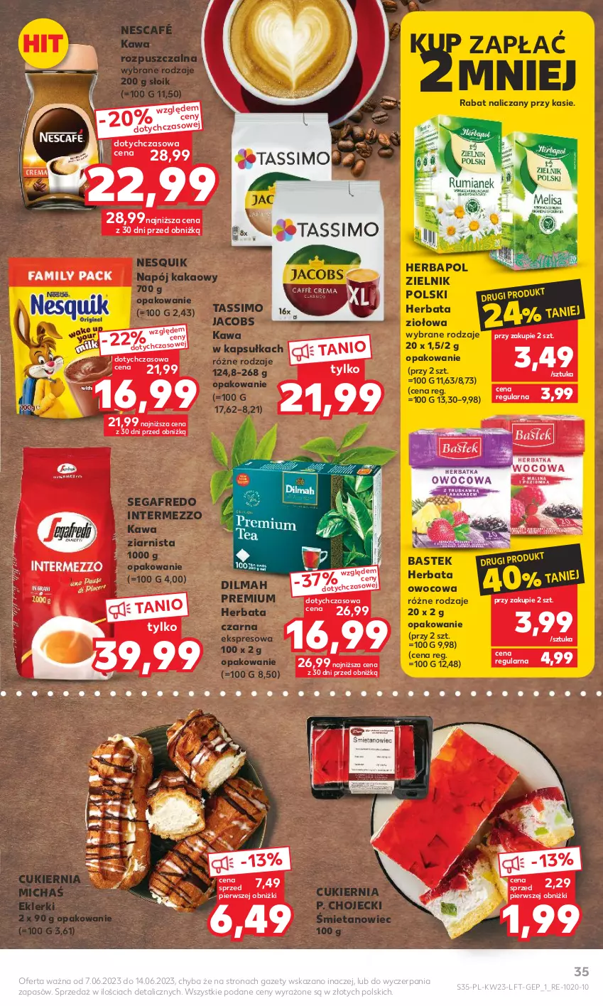 Gazetka promocyjna Kaufland - Gazetka tygodnia - ważna 07.06 do 14.06.2023 - strona 35 - produkty: Cukier, Dilmah, Herbapol, Herbata, Herbata czarna, Herbata owocowa, Jacobs, Kakao, Kawa, Kawa rozpuszczalna, Kawa ziarnista, Napój, Nescafé, Nesquik, Segafredo, Stek, Tassimo