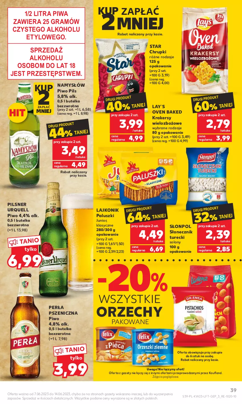 Gazetka promocyjna Kaufland - Gazetka tygodnia - ważna 07.06 do 14.06.2023 - strona 39 - produkty: Chrupki, Gra, Krakersy, Lajkonik, Namysłów, Perła, Pilsner Urquell, Piwa, Piwo, Słonecznik turecki, Słonpol, Waga