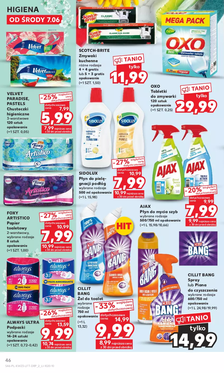 Gazetka promocyjna Kaufland - Gazetka tygodnia - ważna 07.06 do 14.06.2023 - strona 46 - produkty: Ajax, Always, Always Ultra, Brit, Chusteczki, Cillit Bang, Foxy, Gra, Papier, Papier toaletowy, Płyn do mycia, Podpaski, Sidolux, Tablet, Tabletki do zmywarki, Velvet, Zmywaki kuchenne, Zmywarki