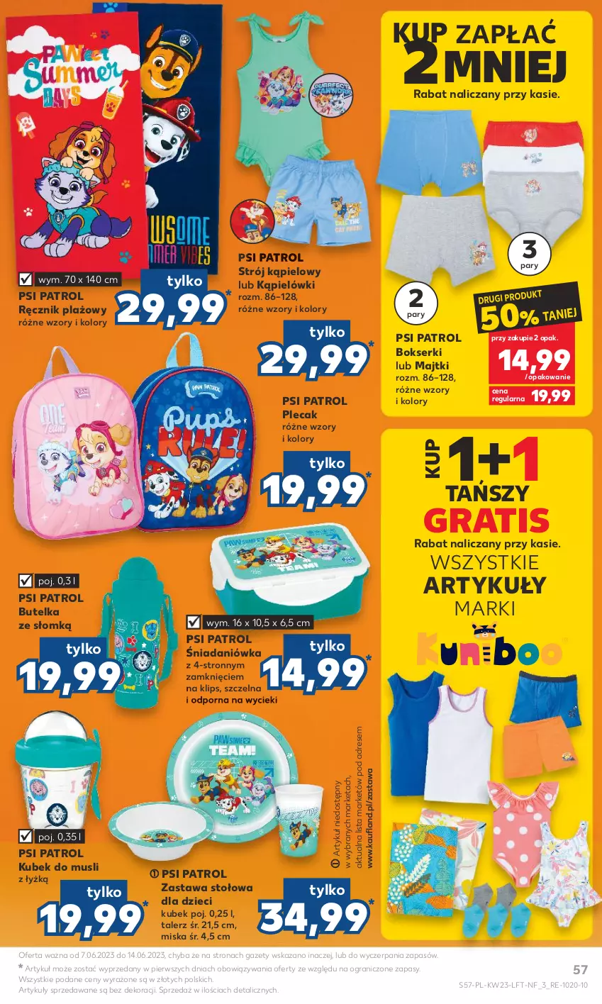 Gazetka promocyjna Kaufland - Gazetka tygodnia - ważna 07.06 do 14.06.2023 - strona 57 - produkty: Bokserki, Dres, Dzieci, Gra, Kubek, Majtki, Miska, Mus, Plecak, Por, Psi Patrol, Ręcznik, Ser, Strój kąpielowy, Talerz