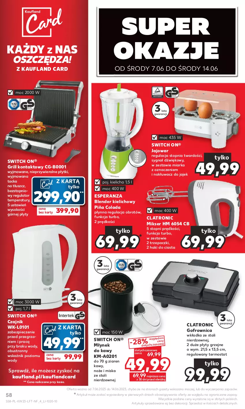 Gazetka promocyjna Kaufland - Gazetka tygodnia - ważna 07.06 do 14.06.2023 - strona 58 - produkty: Blender, Czajnik, Gofrownica, Gra, Grill, Grill kontaktowy, Miarka, Mikser, Miska, Młynek, Młynek do kawy, Noż, Piec, Piña Colada, Płyty grzejne, Ser, Sok, Termos, Top