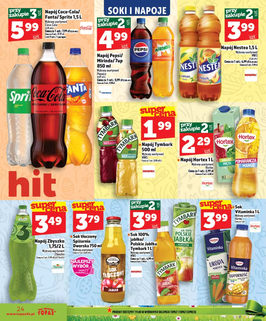 Gazetka promocyjna Topaz - Gazetka - ważna 26.03 do 01.04.2026 - strona 24 - produkty: 7up, Coca-Cola, Fa, Fanta, Hortex, Jabłka, Mirinda, Napój, Nestea, Pepsi, Sprite, Tymbark