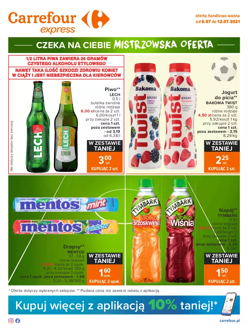 Gazetka promocyjna Carrefour - Gazetka Express - ważna 05.07 do 12.07.2021 - strona 1 - produkty: Bakoma, Gra, Jogurt, Kosz, Mentos, Napój, Piec, Piwa, Piwo, Tymbark