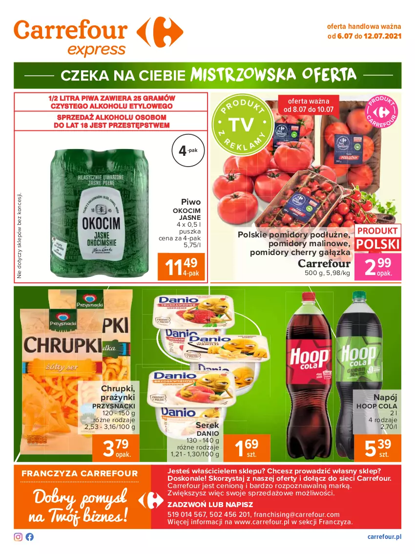 Gazetka promocyjna Carrefour - Gazetka Express - ważna 05.07 do 12.07.2021 - strona 2 - produkty: Chrupki, Danio, Gra, Hoop, Koc, Napój, Okocim, Piwa, Piwo, Pomidory, Przysnacki, Ser, Serek