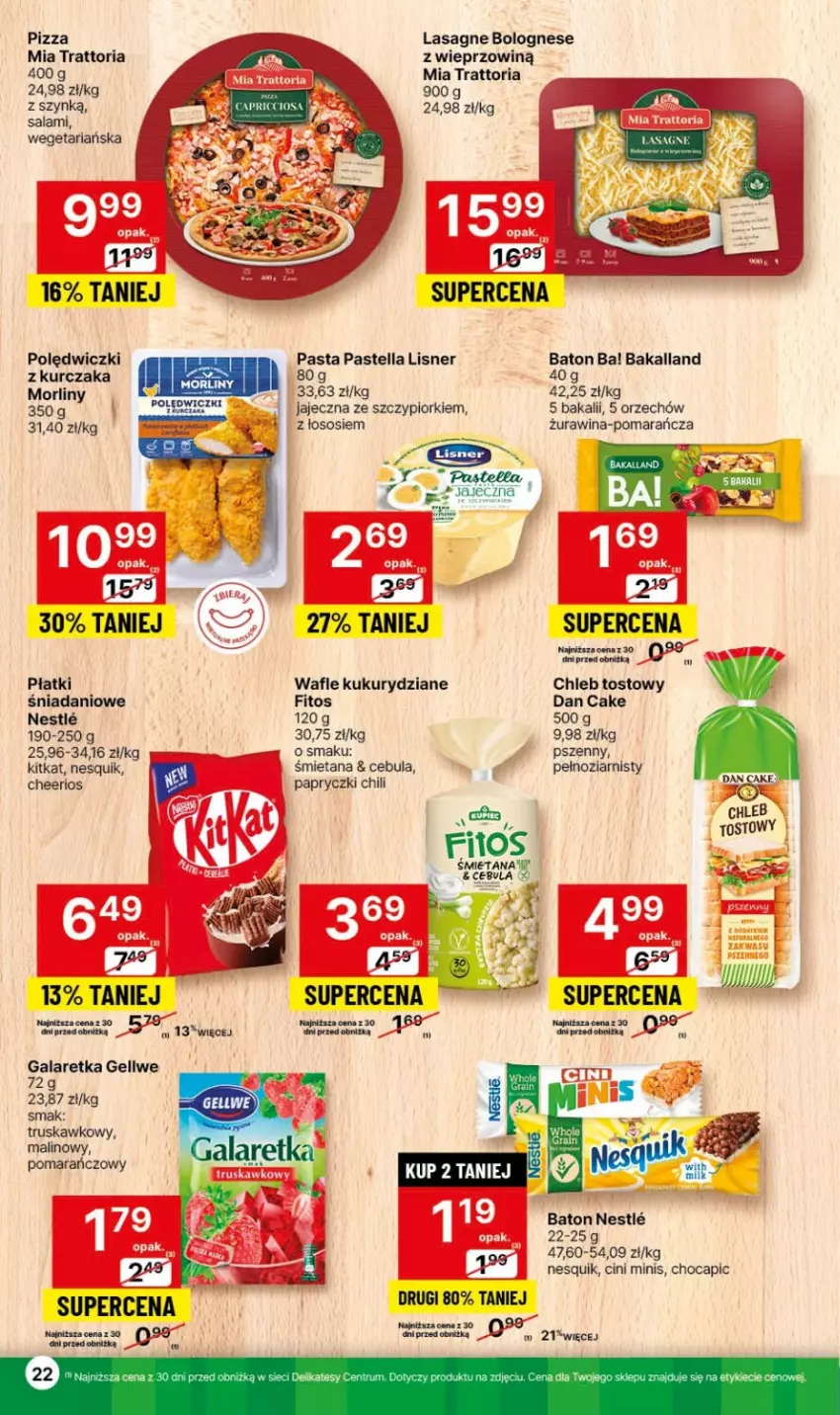 Gazetka promocyjna Delikatesy Centrum - Gazetka DC44 czw-sr - ważna 09.11 do 15.11.2023 - strona 22 - produkty: Ba!, Bakalland, Baton, Cebula, Cheerios, Chleb, Chleb tostowy, Cini Minis, Dan Cake, Danio, Gala, Galaretka, Kurczak, Lasagne, Lasagne bolognese, Lisner, Nesquik, Pastella, Pizza, Salami, Sos, Wafle