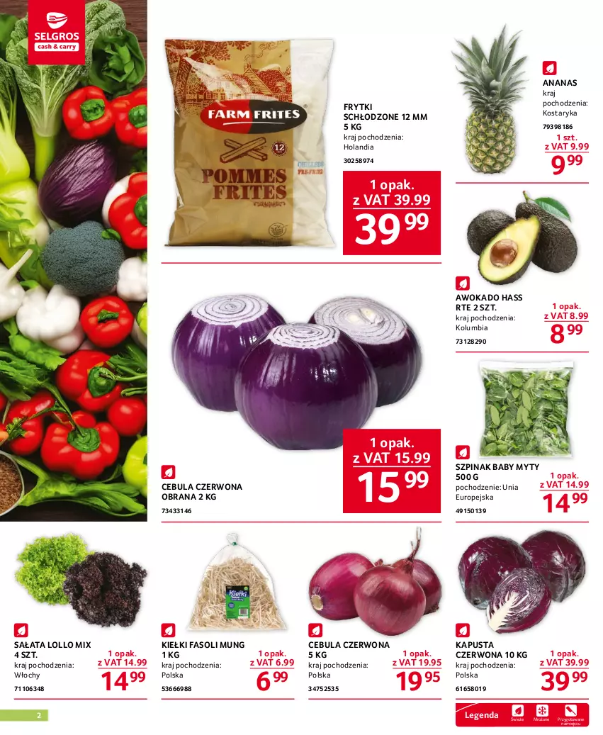 Gazetka promocyjna Selgros - Oferta gastronomiczna - ważna 20.04 do 02.05.2023 - strona 2 - produkty: Ananas, Cebula, Cebula czerwona, Fa, Fasoli mung, Frytki, Kiełki, Sałat, Szpinak