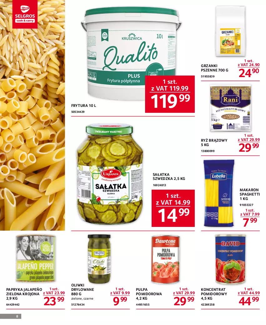 Gazetka promocyjna Selgros - Oferta gastronomiczna - ważna 20.04 do 02.05.2023 - strona 8 - produkty: Koncentrat pomidorowy, Makaron, Oliwki, Papryka, Papryka jalapeño, Pulpa pomidorowa, Ryż, Sałat, Sałatka, Spaghetti