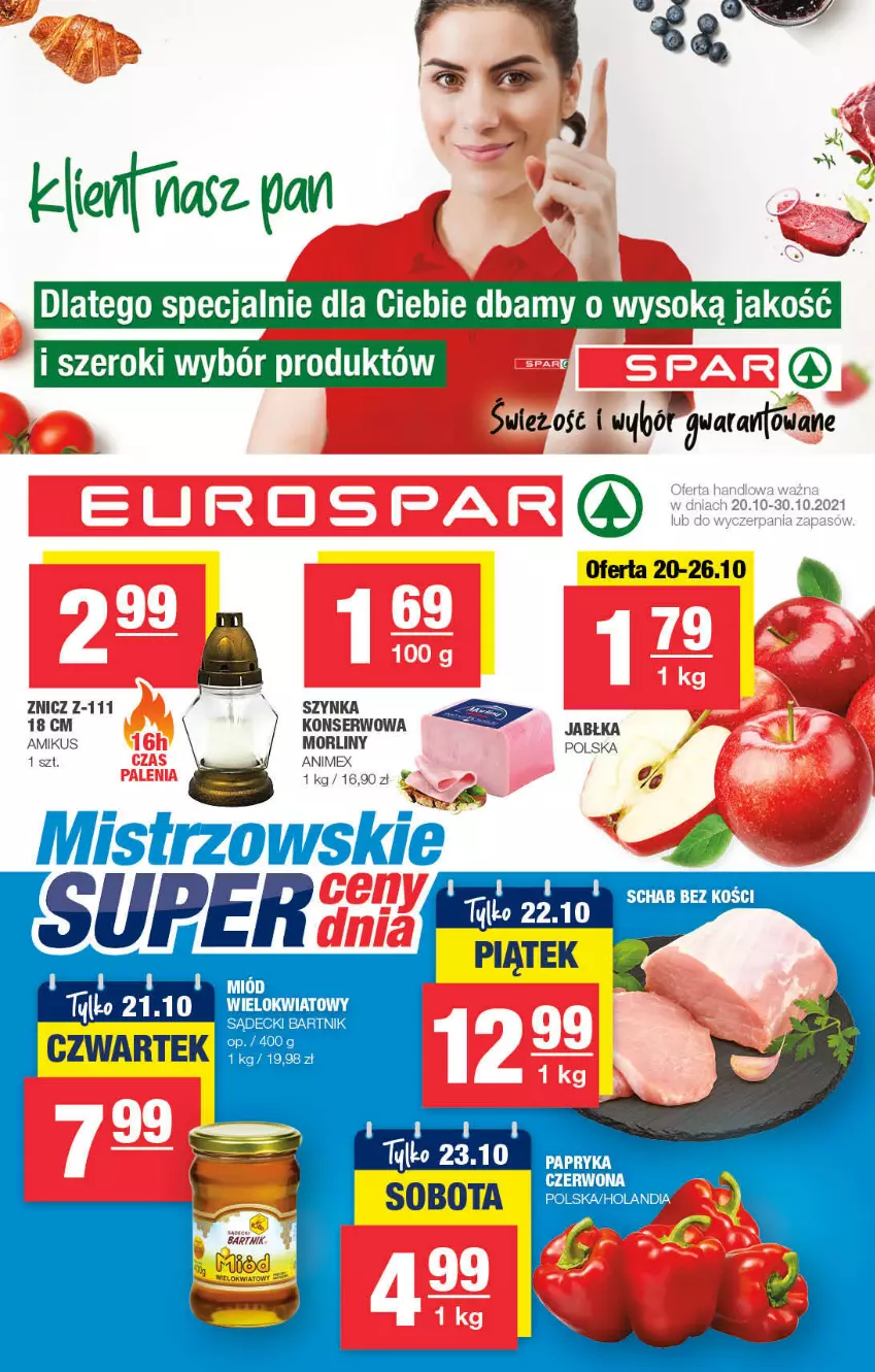 Gazetka promocyjna Spar - ważna 17.10 do 27.10.2021 - strona 1 - produkty: Jabłka, Morliny, Ser, Sok, Szynka, Znicz