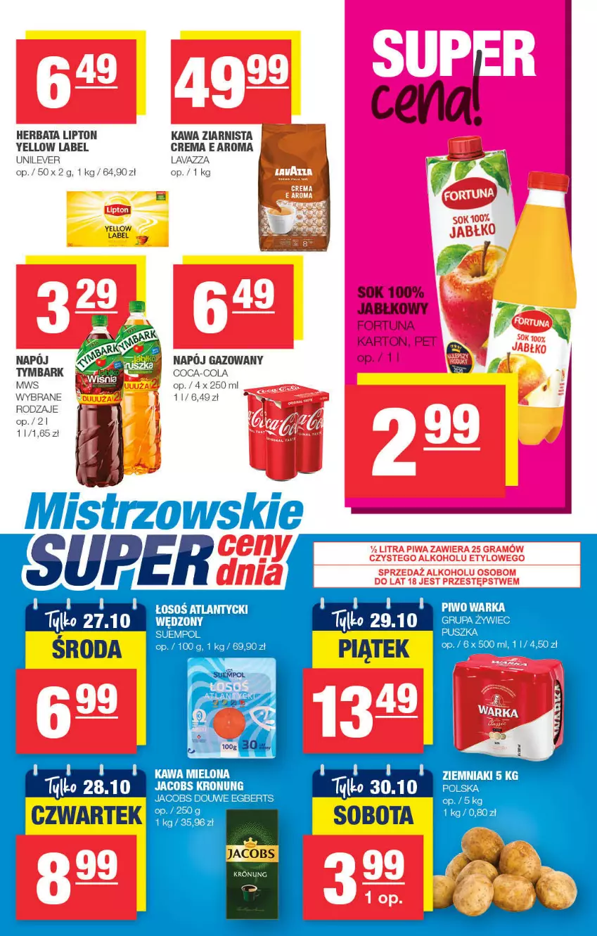 Gazetka promocyjna Spar - ważna 17.10 do 27.10.2021 - strona 9 - produkty: Coca-Cola, Fortuna, Herbata, Jacobs, Kawa, Kawa mielona, Kawa ziarnista, Lavazza, Lipton, Sok, Suempol, Tymbark, Ziemniaki