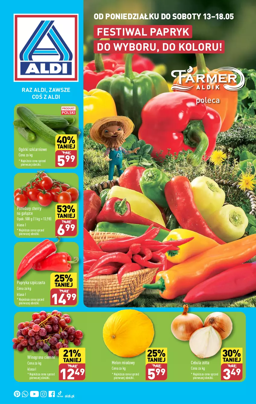 Gazetka promocyjna Aldi - Farmer ALDIK poleca świeże owoce i warzywa - ważna 13.05 do 18.05.2024 - strona 1 - produkty: Cebula, Melon, Papryka, Pomidory, Szpic, Wino, Winogrona