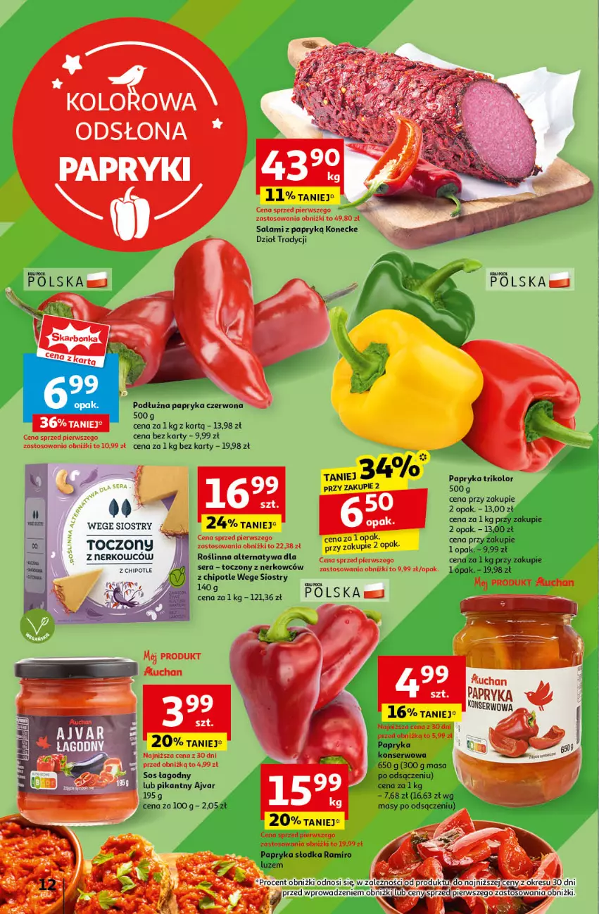 Gazetka promocyjna Auchan - Gazetka JESZCZE LEPSZE CENY Hipermarket Auchan - ważna 16.08 do 21.08.2024 - strona 14 - produkty: Papryka, Papryka czerwona, Papryka słodka, Salami, Salami z papryką, Ser, Sos