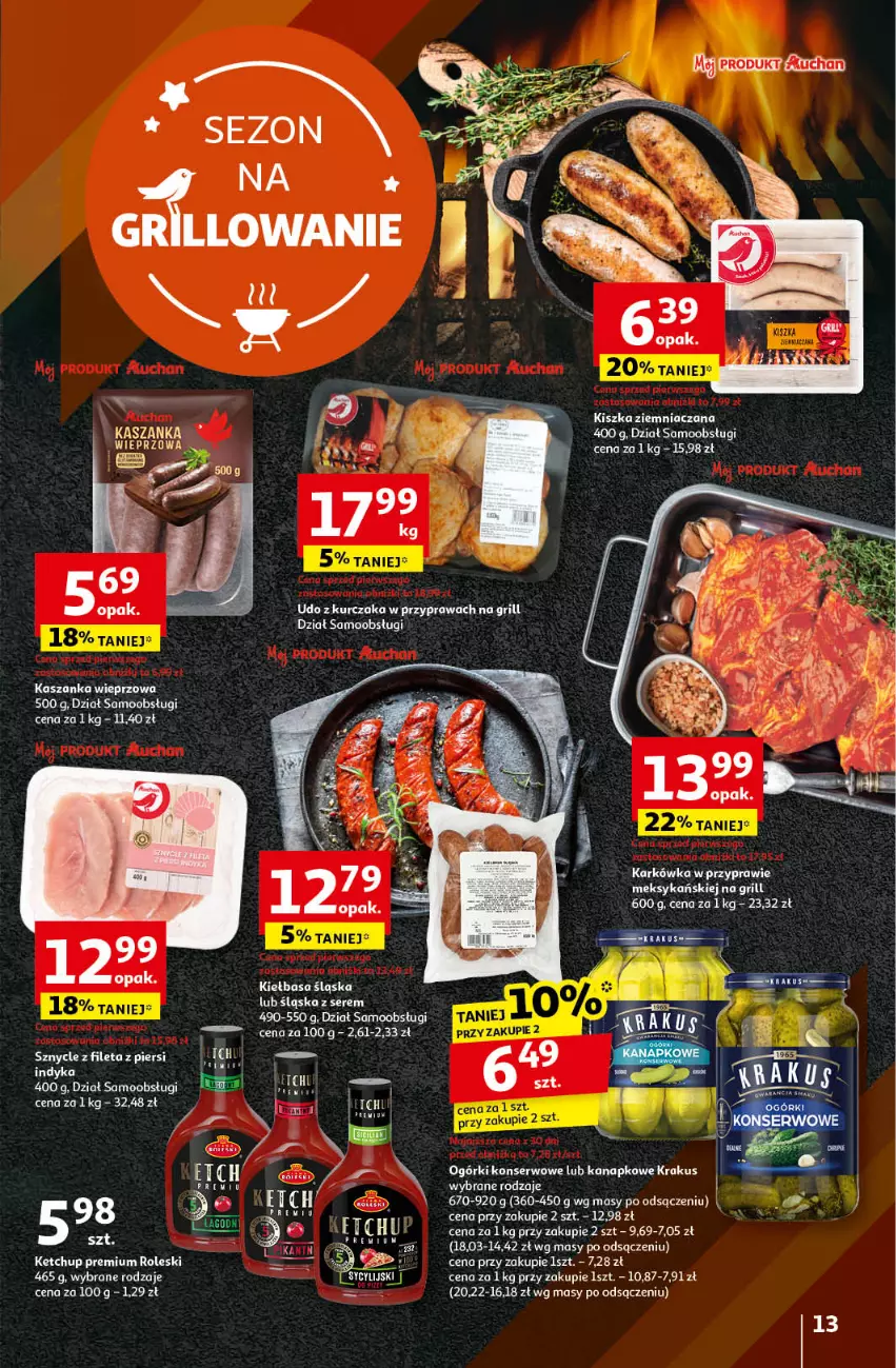 Gazetka promocyjna Auchan - Gazetka JESZCZE LEPSZE CENY Hipermarket Auchan - ważna 16.08 do 21.08.2024 - strona 15 - produkty: Grill, Kasza, Kaszanka, Ketchup, Kiełbasa, Kiełbasa śląska, Krakus, Kurczak, Ogórki konserwowe, Ser, Udo z kurczaka