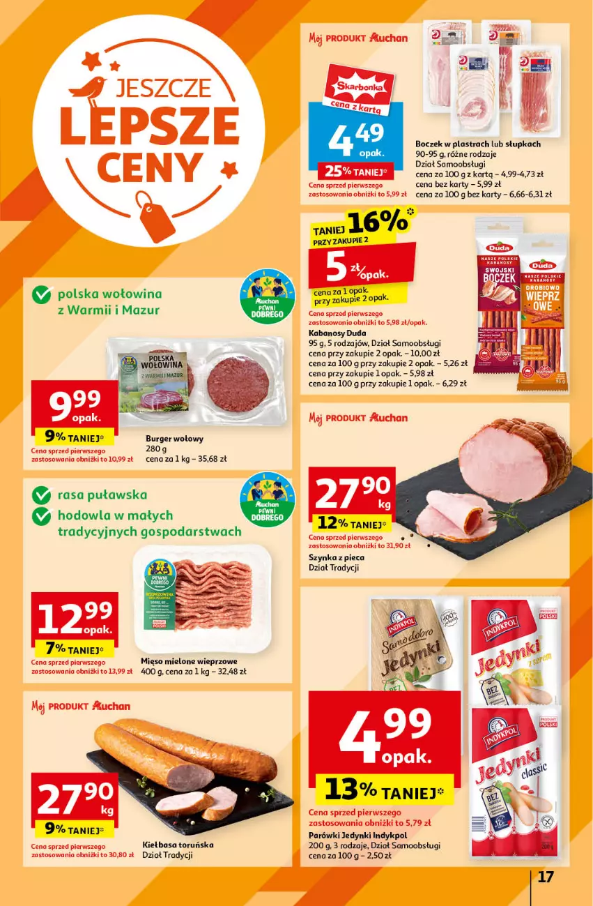 Gazetka promocyjna Auchan - Gazetka JESZCZE LEPSZE CENY Hipermarket Auchan - ważna 16.08 do 21.08.2024 - strona 19 - produkty: Boczek, Burger, Duda, Kabanos, Kiełbasa, Mięso, Mięso mielone, Parówki, Piec, Szynka, Wołowina