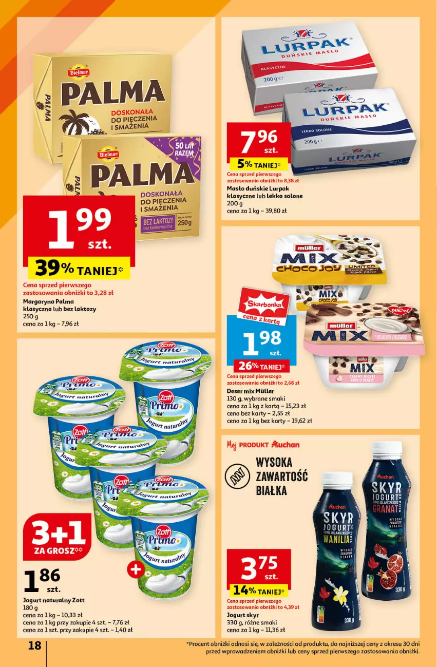 Gazetka promocyjna Auchan - Gazetka JESZCZE LEPSZE CENY Hipermarket Auchan - ważna 16.08 do 21.08.2024 - strona 20 - produkty: Deser, Jogurt, Jogurt naturalny, Lurpak, Margaryna, Masło, Palma, Piec, Ser, Sok, Zott