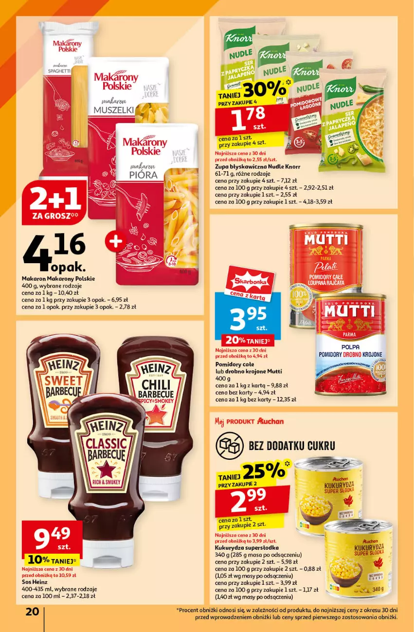 Gazetka promocyjna Auchan - Gazetka JESZCZE LEPSZE CENY Hipermarket Auchan - ważna 16.08 do 21.08.2024 - strona 22 - produkty: Heinz, Knorr, Kukurydza, Makaron, Mus, Pomidory, Sos, Spaghetti, Zupa