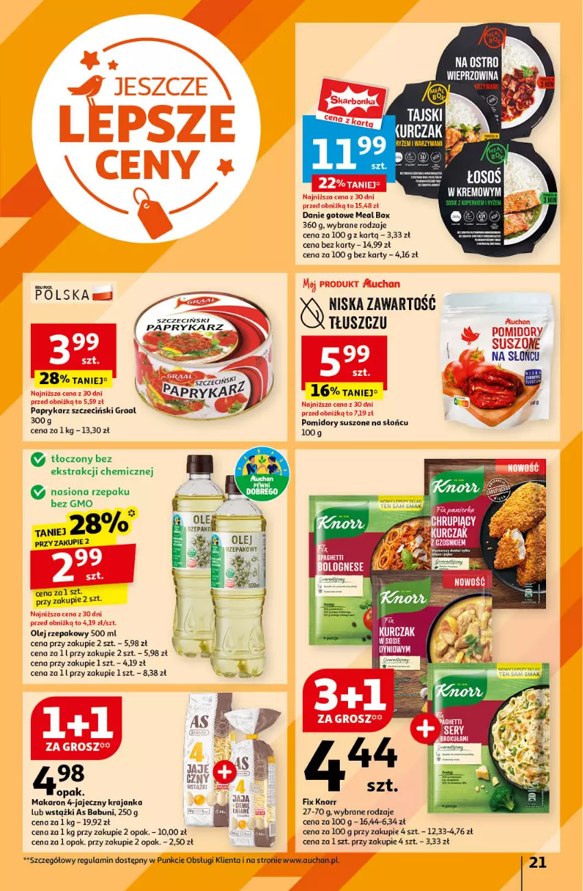 Gazetka promocyjna Auchan - Gazetka JESZCZE LEPSZE CENY Hipermarket Auchan - ważna 16.08 do 21.08.2024 - strona 23 - produkty: Babuni, Danie gotowe, Gra, Graal, Knorr, Makaron, Olej, Olej rzepakowy, Papryka, Paprykarz, Paprykarz szczeciński, Pomidory, Ryż, Warzywa, Wieprzowina