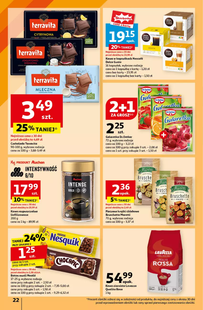 Gazetka promocyjna Auchan - Gazetka JESZCZE LEPSZE CENY Hipermarket Auchan - ważna 16.08 do 21.08.2024 - strona 24 - produkty: Baton, Bruschette, Chleb, Czekolada, Dolce Gusto, Gala, Galaretka, Kawa, Kawa rozpuszczalna, Kawa ziarnista, Lavazza, Mus, Piec