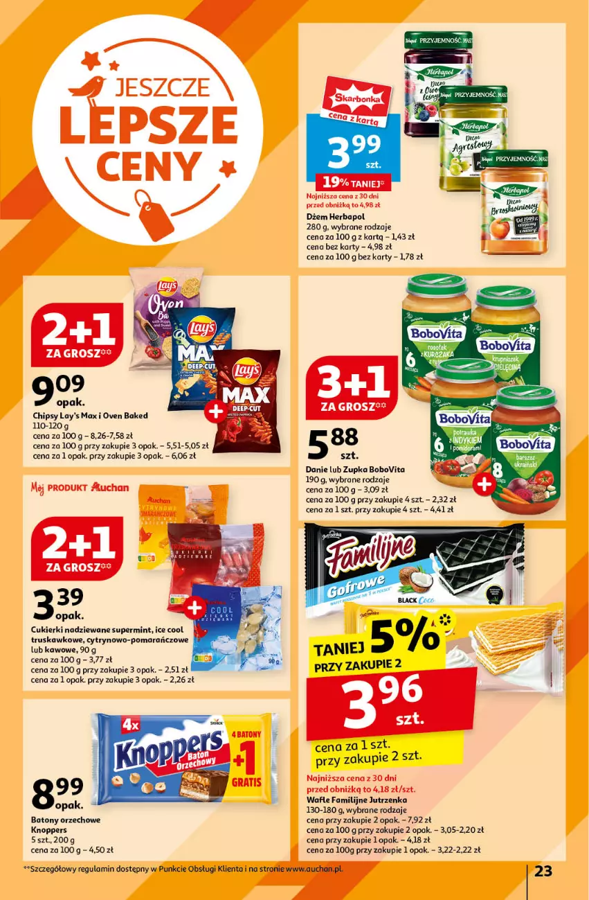 Gazetka promocyjna Auchan - Gazetka JESZCZE LEPSZE CENY Hipermarket Auchan - ważna 16.08 do 21.08.2024 - strona 25 - produkty: Baton, BoboVita, Chipsy, Cukier, Cukierki, Cukierki nadziewane, Dżem, Fa, Herbapol, Jutrzenka, Knoppers, Wafle