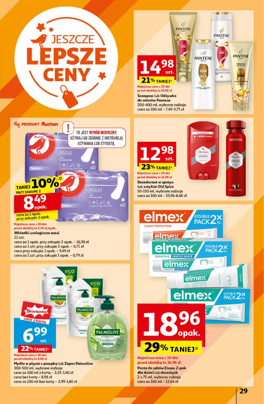 Gazetka promocyjna Auchan - Gazetka JESZCZE LEPSZE CENY Hipermarket Auchan - ważna 16.08 do 21.08.2024 - strona 31 - produkty: Dezodorant, Dzieci, Elmex, Mydło, Mydło w płynie, Odżywka, Old Spice, Palmolive, Pantene, Pasta do zębów, Rum, Ser, Serum, Szampon, Wkładki, Wkładki urologiczne