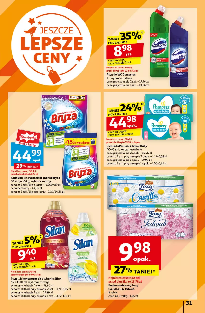 Gazetka promocyjna Auchan - Gazetka JESZCZE LEPSZE CENY Hipermarket Auchan - ważna 16.08 do 21.08.2024 - strona 33 - produkty: Bryza, Domestos, Foxy, Pampers, Papier, Papier toaletowy, Płyn do wc, Proszek do prania, Silan