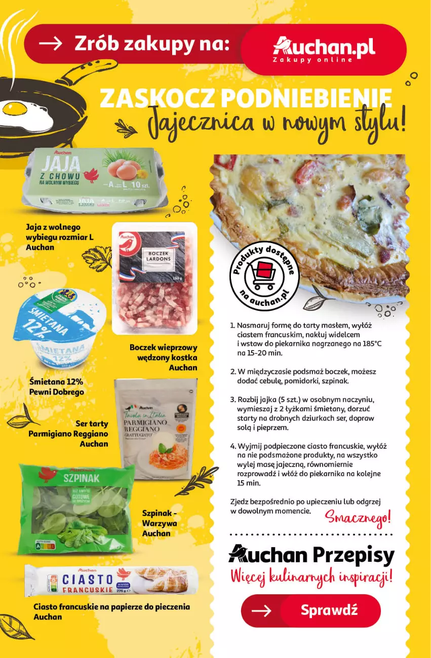 Gazetka promocyjna Auchan - Gazetka JESZCZE LEPSZE CENY Hipermarket Auchan - ważna 16.08 do 21.08.2024 - strona 39 - produkty: Boczek, Boczek wieprzowy, Ciasto francuskie, Jaja, Jaja z wolnego wybiegu, Olej, Papier, Piec, Piekarnik, Pieprz, Pomidorki, Ser, Szpinak, Warzywa