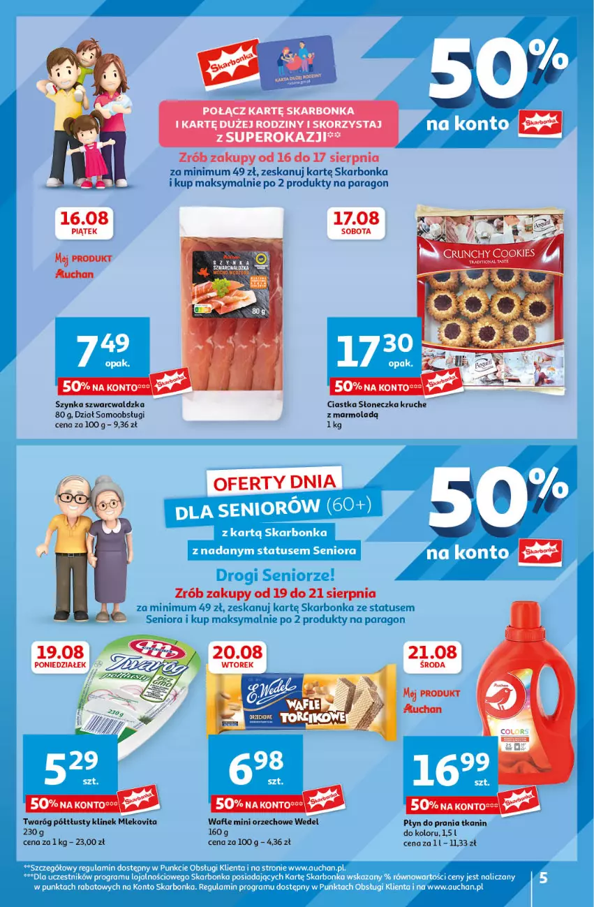 Gazetka promocyjna Auchan - Gazetka JESZCZE LEPSZE CENY Hipermarket Auchan - ważna 16.08 do 21.08.2024 - strona 5 - produkty: Ciastka, Mleko, Mlekovita, Mola, Płyn do prania, Szynka, Twaróg, Twaróg półtłusty, Wafle