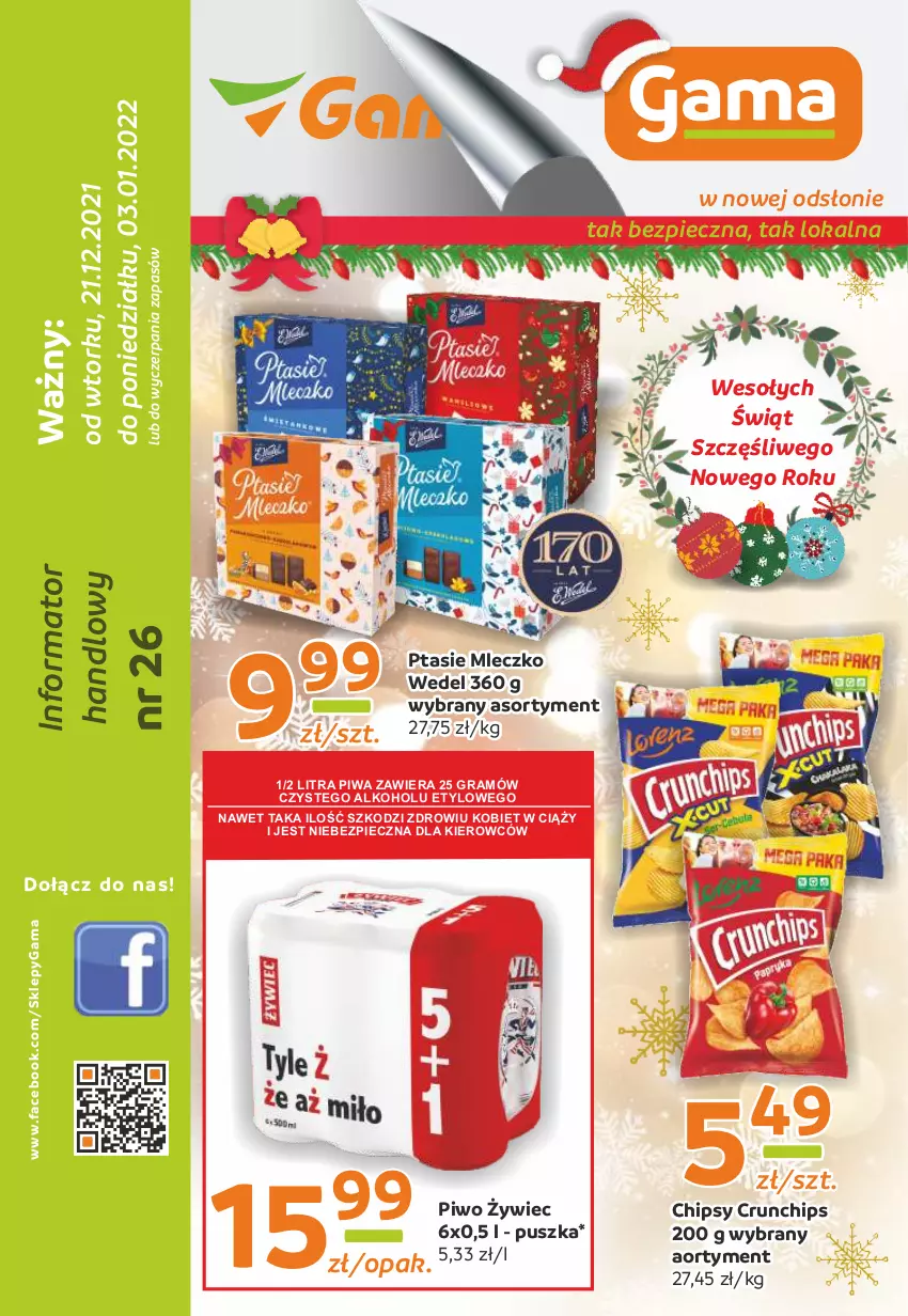 Gazetka promocyjna Gama - Gazetka Gama - ważna 21.12.2021 do 03.01.2022 - strona 1 - produkty: Chipsy, Crunchips, Fa, Gra, Mleczko, O nas, Piec, Piwa, Piwo, Ptasie mleczko